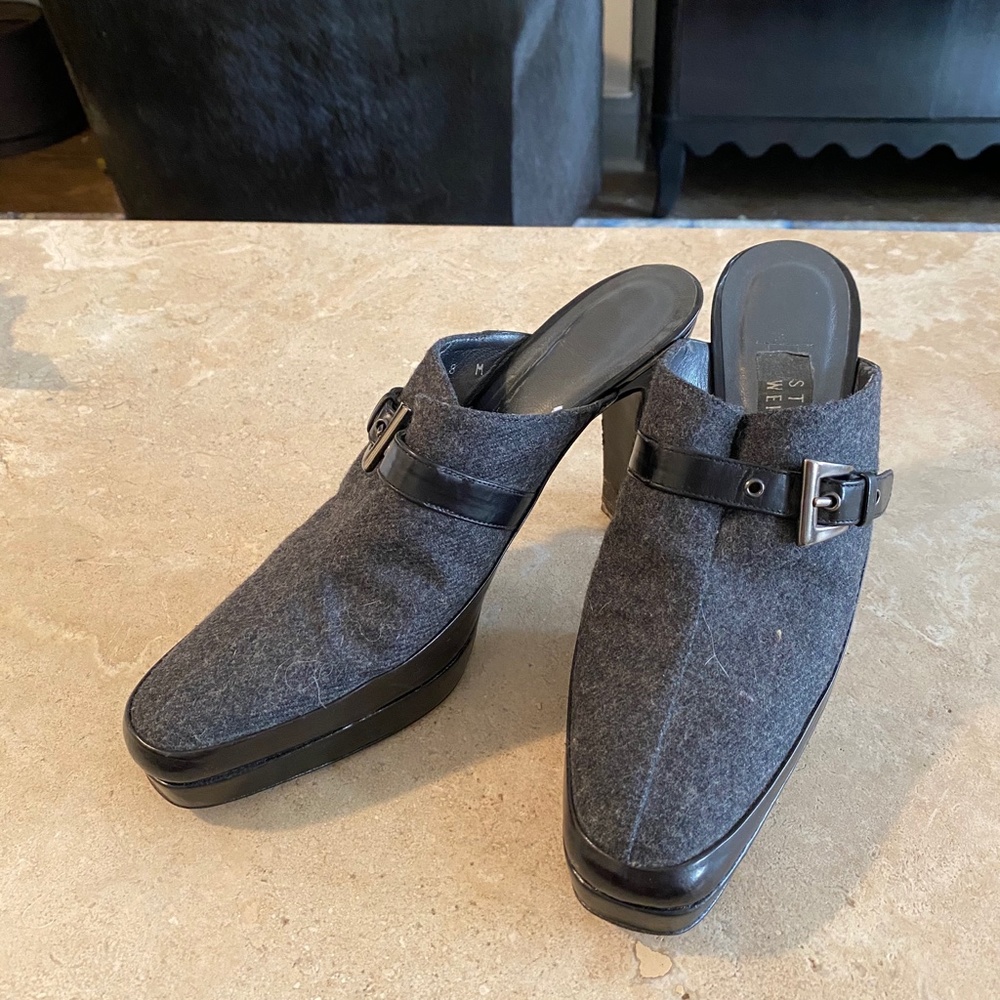 Stuart Weitzman Slip On Mule Square Toe Heel Grey - image 5